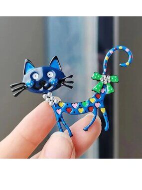 Cat Brooch Enamel Rhinestone Fun Pin Stylish Kitty Whimsical Heart Bow Pearls